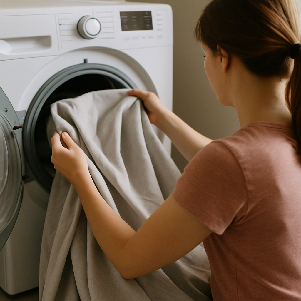 woman washing bed sheet